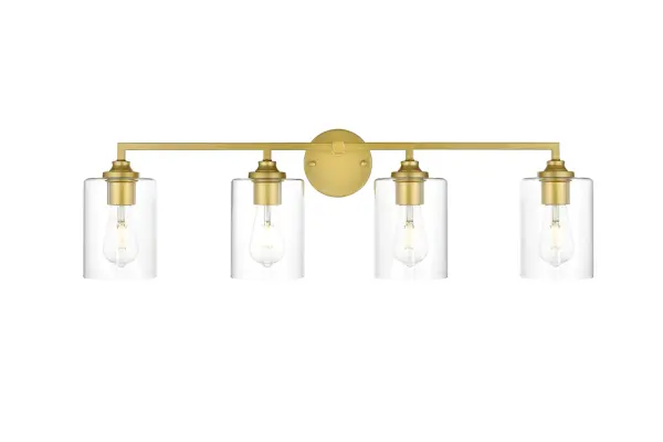 The artful allure of modern sculpture with the function of a light fixture. This glass and metal combination is a perfect example of a modern design. Compatible with dimmers, so you'll have the right amount of light in any given time of the day. Available in multiple finishes. Completely versatile, you can place this wall light as an uplight or downlight. Collection: Mayson Rooms: Bathroom Finish: Brass and Clear Glass: Clear Width: 33.00" Height: 10.00" Weight: 5.00 lb Extension from Wall: 7.00" Wire: 8" Black and White Canopy: 4.7"x1"x4.7" Number of Bulbs: 4 Maximum Wattage: 40.00 W Bulb Type: E26 Bulb Base: E26 Dimmable Voltage: 110.00 V Material: Iron and Glass Country of Origin: China Safety Listing: ETL Safety Rating: Damp Title 20 Title 24 Manufacturer Warranty: 1 year limited
