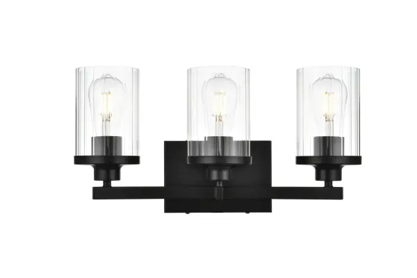 Specification Sheet
Dimensions
Length: 5.6"
Width: 18"
Height: 10"
Extension: 6"
Wire Length: 8"
Depth: 6"
Specifications
Assembly Required: Yes
Bulb Included: No
#N/A
Dimmable: Yes
Distressed Finish: No
Dry/Wet/Damp: Damp
ETL: yes
Finish (Color): Black and Clear
Fixture Material: Iron and Glass
Hardware Finish: Black
Harware Material: Iron
Max/Nominal Watt: 120W
Number of Lights: 3
Product Type: Vanity Lights
Product Warranty: 1 year limited
Socket Type: E26
Voltage: 110V
Wattage/Bulb: 40W
Weight: 4
Wire Included: Yes
Shipment type: Small Parcel
US Shipping Cost: $13.00