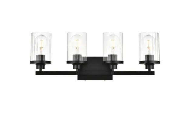 Specification Sheet
Dimensions
Length: 5.6"
Width: 25"
Height: 10"
Extension: 6"
Wire Length: 8"
Depth: 6"
Specifications
Assembly Required: Yes
Bulb Included: No
#N/A
Dimmable: Yes
Distressed Finish: No
Dry/Wet/Damp: Damp
ETL: yes
Finish (Color): Black and Clear
Fixture Material: Iron and Glass
Hardware Finish: Black
Harware Material: Iron
Max/Nominal Watt: 160W
Number of Lights: 4
Product Type: Vanity Lights
Product Warranty: 1 year limited
Socket Type: E26
Voltage: 110V
Wattage/Bulb: 40W
Weight: 5
Wire Included: Yes
Shipment type: Small Parcel
US Shipping Cost: $14.00