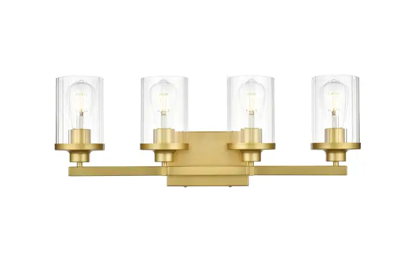 The artful allure of modern sculpture with the function of a light fixture. This glass and metal combination is a perfect example of a modern design. Compatible with dimmers, so you'll have the right amount of light in any given time of the day. Available in multiple finishes. Completely versatile, you can place this wall light as an uplight or downlight. Collection: Saanvi Rooms: Bathroom Finish: Brass and Clear Glass: Clear Width: 25.00" Height: 10.00" Weight: 5.00 lb Extension from Wall: 6.00" Wire: 8" Black and White Canopy: 7.1"x4.7"x0.8" Number of Bulbs: 4 Maximum Wattage: 40.00 W Bulb Type: E26 Bulb Base: E26 Dimmable Voltage: 110.00 V Material: Iron and Glass Country of Origin: China Safety Listing: ETL Safety Rating: Damp Title 20 Title 24 Manufacturer Warranty: 1 year limited