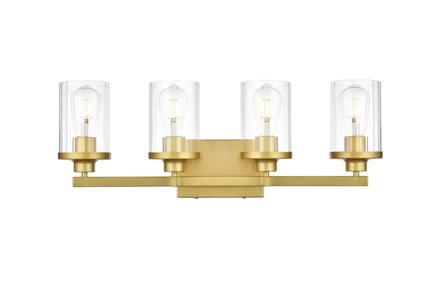 Saanvi Four Light Bath Sconce in Brass and Clear - Image 1