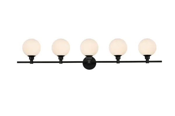 Specification Sheet
Dimensions
Length: 7.7"
Width: 47"
Height: 10"
Extension: 8"
Wire Length: 8"
Depth: 8"
Specifications
Assembly Required: Yes
Bulb Included: No
#N/A
Dimmable: Yes
Distressed Finish: No
Dry/Wet/Damp: Damp
ETL: yes
Finish (Color): Black and Frosted White
Fixture Material: Iron and Glass
Hardware Finish: Black
Harware Material: Iron
Max/Nominal Watt: 200W
Number of Lights: 5
Product Type: Vanity Lights
Product Warranty: 1 year limited
Socket Type: E12
Voltage: 110V
Wattage/Bulb: 40W
Weight: 8
Wire Included: Yes
Shipment type: Small Parcel
US Shipping Cost: $29.00