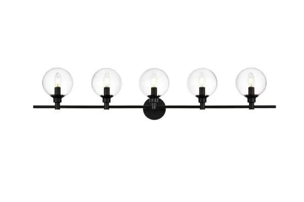 Specification Sheet
Dimensions
Length: 7.7"
Width: 47"
Height: 10"
Extension: 8"
Wire Length: 8"
Depth: 8"
Specifications
Assembly Required: Yes
Bulb Included: No
#N/A
Dimmable: Yes
Distressed Finish: No
Dry/Wet/Damp: Damp
ETL: yes
Finish (Color): Black and Clear
Fixture Material: Iron and Glass
Hardware Finish: Black
Harware Material: Iron
Max/Nominal Watt: 200W
Number of Lights: 5
Product Type: Vanity Lights
Product Warranty: 1 year limited
Socket Type: E12
Voltage: 110V
Wattage/Bulb: 40W
Weight: 8
Wire Included: Yes
Shipment type: Small Parcel
US Shipping Cost: $29.00