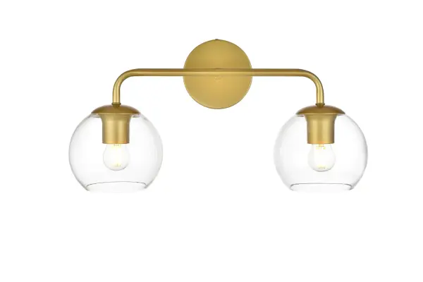 A modern twist on a traditional design, this vanity light is perfect for sprucing up your bathroom. Rated for use in damp locations, this iron fixture features a round backplate, curved arms, and orb accents. Completely versatile, you can place this wall light as an uplight or downlight. Rated for use in damp locations, this will work perfectly over a vanity in your bathroom. Collection: Genesis Rooms: Bathroom Finish: Brass and Clear Glass: Clear Width: 19.00" Height: 10.00" Weight: 2.00 lb Extension from Wall: 8.00" Wire: 8" Black and White Canopy: 4.7"x1"x4.7" Number of Bulbs: 2 Maximum Wattage: 40.00 W Bulb Type: E26 Bulb Base: E26 Dimmable Voltage: 110.00 V Material: Iron and Glass Country of Origin: China Safety Listing: ETL Safety Rating: Damp Title 20 Title 24 Manufacturer Warranty: 1 year limited