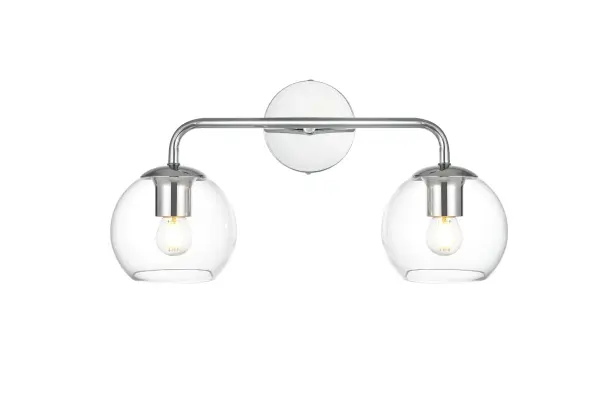 A modern twist on a traditional design, this vanity light is perfect for sprucing up your bathroom. Rated for use in damp locations, this iron fixture features a round backplate, curved arms, and orb accents. Completely versatile, you can place this wall light as an uplight or downlight. Rated for use in damp locations, this will work perfectly over a vanity in your bathroom. Collection: Genesis Rooms: Bathroom Finish: Chrome and Clear Glass: Clear Width: 19.00" Height: 10.00" Weight: 2.00 lb Extension from Wall: 8.00" Wire: 8" Black and White Canopy: 4.7"x1"x4.7" Number of Bulbs: 2 Maximum Wattage: 40.00 W Bulb Type: E26 Bulb Base: E26 Dimmable Voltage: 110.00 V Material: Iron and Glass Country of Origin: China Safety Listing: ETL Safety Rating: Damp Title 20 Title 24 Manufacturer Warranty: 1 year limited