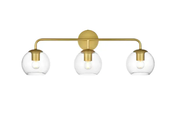 A modern twist on a traditional design, this vanity light is perfect for sprucing up your bathroom. Rated for use in damp locations, this iron fixture features a round backplate, curved arms, and orb accents. Completely versatile, you can place this wall light as an uplight or downlight. Rated for use in damp locations, this will work perfectly over a vanity in your bathroom. Collection: Genesis Rooms: Bathroom Finish: Brass and Clear Glass: Clear Width: 28.00" Height: 10.00" Weight: 3.00 lb Extension from Wall: 8.00" Wire: 8" Black and White Canopy: 4.7"x1"x4.7" Number of Bulbs: 3 Maximum Wattage: 40.00 W Bulb Type: E26 Bulb Base: E26 Dimmable Voltage: 110.00 V Material: Iron and Glass Country of Origin: China Safety Listing: ETL Safety Rating: Damp Title 20 Title 24 Manufacturer Warranty: 1 year limited