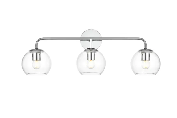 A modern twist on a traditional design, this vanity light is perfect for sprucing up your bathroom. Rated for use in damp locations, this iron fixture features a round backplate, curved arms, and orb accents. Completely versatile, you can place this wall light as an uplight or downlight. Rated for use in damp locations, this will work perfectly over a vanity in your bathroom. Collection: Genesis Rooms: Bathroom Finish: Chrome and Clear Glass: Clear Width: 28.00" Height: 10.00" Weight: 3.00 lb Extension from Wall: 8.00" Wire: 8" Black and White Canopy: 4.7"x1"x4.7" Number of Bulbs: 3 Maximum Wattage: 40.00 W Bulb Type: E26 Bulb Base: E26 Dimmable Voltage: 110.00 V Material: Iron and Glass Country of Origin: China Safety Listing: ETL Safety Rating: Damp Title 20 Title 24 Manufacturer Warranty: 1 year limited