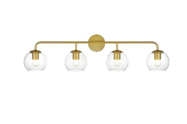 A modern twist on a traditional design, this vanity light is perfect for sprucing up your bathroom. Rated for use in damp locations, this iron fixture features a round backplate, curved arms, and orb accents. Completely versatile, you can place this wall light as an uplight or downlight. Rated for use in damp locations, this will work perfectly over a vanity in your bathroom. Collection: Genesis Rooms: Bathroom Finish: Brass and Clear Glass: Clear Width: 37.00" Height: 10.00" Weight: 4.00 lb Extension from Wall: 8.00" Wire: 8" Black and White Canopy: 4.7"x1"x4.7" Number of Bulbs: 4 Maximum Wattage: 40.00 W Bulb Type: E26 Bulb Base: E26 Dimmable Voltage: 110.00 V Material: Iron and Glass Country of Origin: China Safety Listing: ETL Safety Rating: Damp Title 20 Title 24 Manufacturer Warranty: 1 year limited