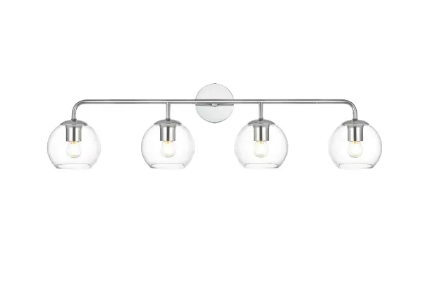 A modern twist on a traditional design, this vanity light is perfect for sprucing up your bathroom. Rated for use in damp locations, this iron fixture features a round backplate, curved arms, and orb accents. Completely versatile, you can place this wall light as an uplight or downlight. Rated for use in damp locations, this will work perfectly over a vanity in your bathroom. Collection: Genesis Rooms: Bathroom Finish: Chrome and Clear Glass: Clear Width: 37.00" Height: 10.00" Weight: 4.00 lb Extension from Wall: 8.00" Wire: 8" Black and White Canopy: 4.7"x1"x4.7" Number of Bulbs: 4 Maximum Wattage: 40.00 W Bulb Type: E26 Bulb Base: E26 Dimmable Voltage: 110.00 V Material: Iron and Glass Country of Origin: China Safety Listing: ETL Safety Rating: Damp Title 20 Title 24 Manufacturer Warranty: 1 year limited