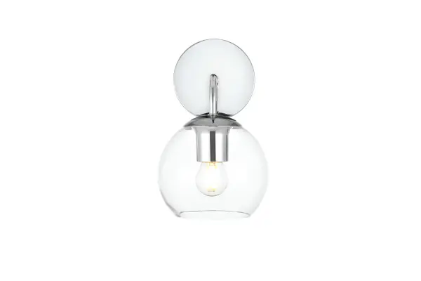 A modern twist on a traditional design, this vanity light is perfect for sprucing up your bathroom. Rated for use in damp locations, this iron fixture features a round backplate, curved arms, and orb accents. Completely versatile, you can place this wall light as an uplight or downlight. Rated for use in damp locations, this will work perfectly over a vanity in your bathroom. Collection: Genesis Rooms: Bathroom Finish: Chrome and Clear Glass: Clear Width: 6.00" Height: 10.00" Weight: 1.00 lb Extension from Wall: 8.00" Wire: 8" Black and White Canopy: 4.7"x1"x4.7" Number of Bulbs: 1 Maximum Wattage: 40.00 W Bulb Type: E26 Bulb Base: E26 Dimmable Voltage: 110.00 V Material: Iron and Glass Country of Origin: China Safety Listing: ETL Safety Rating: Damp Title 20 Title 24 Manufacturer Warranty: 1 year limited