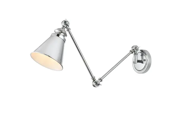Simplicity and minimalism are the new forms of beauty when it comes to style and design. Shown in a metal shade, this wall sconce is versatile and can be placed in the bedroom, living room,entry way, or hallway. It is just what you need to shine a little light wherever you need it. The jointed arm can be adjustable at three points as you please next to the bed or in the corner of your library. Compatible with dimmers, so you'll have the right amount of light in any given time of the day. Available in multiple finishes. Collection: Ledger Rooms: Bathroom Finish: Chrome Glass: Chrome Width: 6.00" Height: 18.00" Weight: 3.00 lb Extension from Wall: 16.00" Wire: 8" Black and White Canopy: 4.7"x1"x4.7" Number of Bulbs: 1 Maximum Wattage: 40.00 W Bulb Type: E26 Bulb Base: E26 Dimmable Voltage: 110.00 V Material: Metal Country of Origin: China Safety Listing: ETL Safety Rating: Damp Title 20 Title 24 Manufacturer Warranty: 1 year limited
