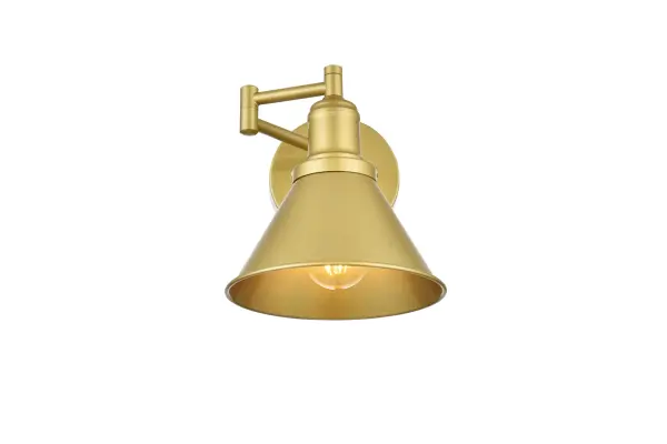 Simplicity and minimalism are the new forms of beauty when it comes to style and design. Shown in a metal shade, this wall sconce is versatile and can be placed in the bedroom, living room,entry way, or hallway. It is just what you need to shine a little light wherever you need it. The jointed arm can swing as you please next to the bed or in the corner of your library. Compatible with dimmers, so you'll have the right amount of light in any given time of the day. Available in multiple finishes. Collection: Judson Rooms: Bathroom Finish: Brass Glass: Brass Width: 7.00" Height: 8.00" Weight: 1.50 lb Extension from Wall: 12.00" Wire: 8" Black and White Canopy: 4.7"x1"x4.7" Number of Bulbs: 1 Maximum Wattage: 40.00 W Bulb Type: E26 Bulb Base: E26 Dimmable Voltage: 110.00 V Material: Metal Country of Origin: China Safety Listing: ETL Safety Rating: Damp Title 20 Title 24 Manufacturer Warranty: 1 year limited