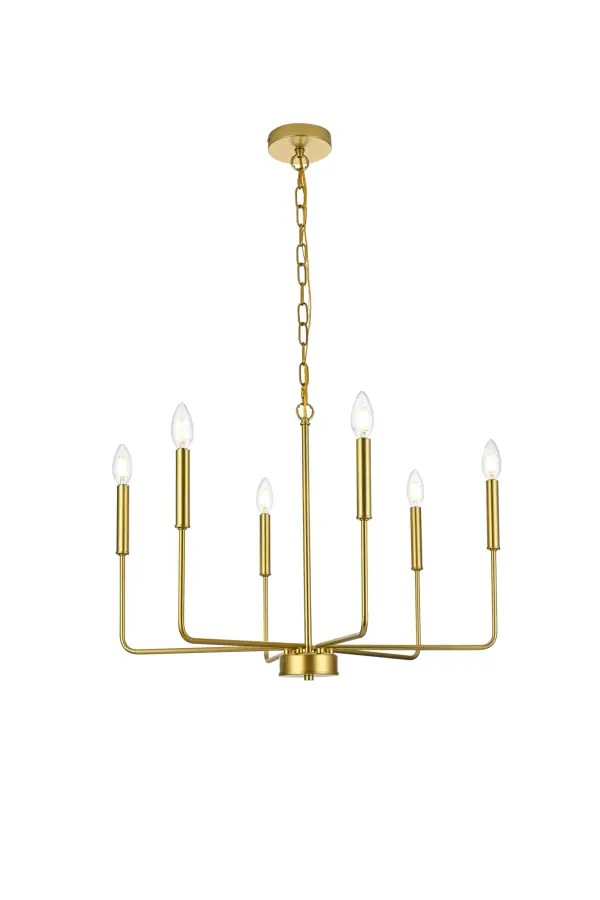 Elevate your home with the Willa 26-inch Pendant Light, featuring a timeless candle-style design for captivating elegance. Carefully crafted with durable iron and ETL listed for safety, our product is a testament to both meticulous craftsmanship and adherence to stringent safety standards, ensuring lasting durability and peace of mind. The six lights effortlessly illuminate an array of spaces, spanning from cozy living areas to inviting hallways. Enjoy easy assembly and low-maintenance upkeep with the open design. Effortlessly illuminate your space without compromising style. Collection: Willa Rooms: entry way, living room, dining room Finish: Brass Width: 26.00" Height: 19.00" Length: 26.00" Weight: 5.00 lb Wire: 79" Brass Canopy: 4.7"x1"x4.7" Number of Bulbs: 6 Maximum Wattage: 40.00 W Bulb Type: E12 Bulb Base: E12 Dimmable Voltage: 110.00 V Material: Iron Country of Origin: China Safety Listing: ETL Safety Rating: Dry Title 20 Manufacturer Warranty: 1 year limited