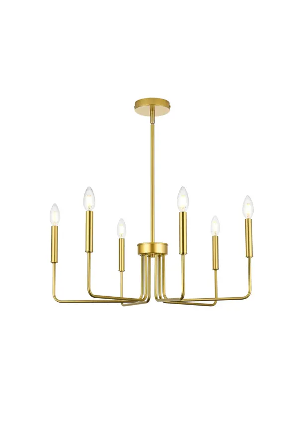 Elevate your home with the Willa 26-inch Pendant Light, featuring a timeless candle-style design for captivating elegance. Carefully crafted with durable iron and ETL listed for safety, our product is a testament to both meticulous craftsmanship and adherence to stringent safety standards, ensuring lasting durability and peace of mind. The six lights effortlessly illuminate an array of spaces, spanning from cozy living areas to inviting hallways. Enjoy easy assembly and low-maintenance upkeep with the open design. Effortlessly illuminate your space without compromising style. Collection: Willa Rooms: entry way, living room, dining room Finish: Brass Width: 26.00" Height: 10.00" Length: 26.00" Weight: 5.00 lb Wire: 56" Black and White Rod: L6"+L12"+L12"+L16" Canopy: 4.7"x1"x4.7" Number of Bulbs: 6 Maximum Wattage: 40.00 W Bulb Type: E12 Bulb Base: E12 Dimmable Voltage: 110.00 V Material: Iron Country of Origin: China Safety Listing: ETL Safety Rating: Dry Title 20 Manufacturer Warranty: 1 year limited