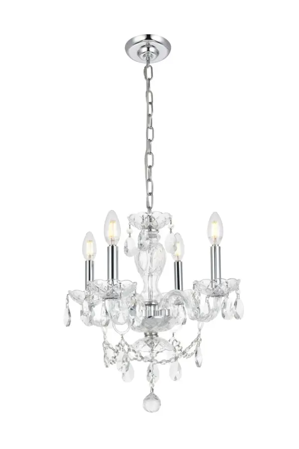 The Elle Collection is an exquisite ceiling light to enhance your traditional décor or any small space that needs a touch of glamour. This chandelier features dazzling Crystal glass accents all around its chrome finished frame and hang chain. Collection: Elle Rooms: Entryway, Dining Room, Bedroom, Hallway, Office, Foyer Finish: Chrome Crystal: Clear Width: 17.00" Height: 18.00" Length: 17.00" Weight: 9.00 lb Chain: 60"Chrome Wire: 118" Clear Canopy: 5.11"x1.26" Number of Bulbs: 4 Maximum Wattage: 40.00 W Bulb Type: B10 Bulb Base: E12 Dimmable Voltage: 110.00 V Material: Steel and Glass Country of Origin: China Safety Listing: ETL Safety Rating: Dry Title 20 Title 24 Manufacturer Warranty: 1 year limited