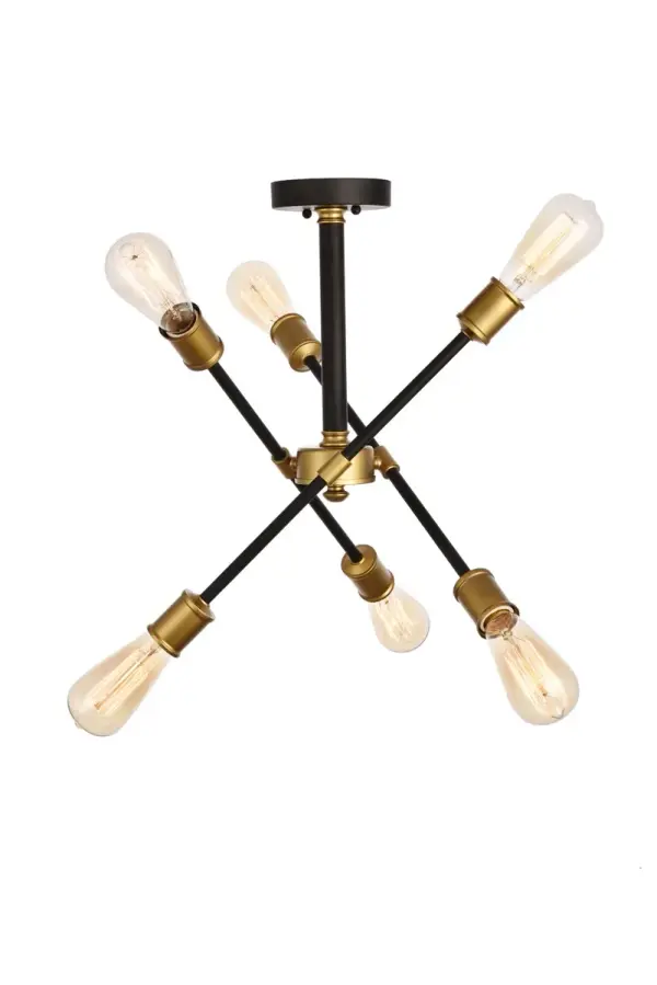 A postmodern design masquerading as a more traditional semi-flush mount lamp, the Axel collection is a study in diversity. Curiously placed arms each end with socket that orbit around a central circular frame. The classic Black and brass finish contrasts with the joyful eccentricity of the configuration to create a surprisingly unified whole that hangs playfully in a bedroom, living room, or kitchen. Collection: Axel Rooms: Bathroom, hallways, bedroom, closet Finish: Black and Brass Width: 17.10" Height: 16.60" Length: 17.10" Weight: 4.00 lb Wire: 8" brown Canopy: 4.7"x1" Number of Bulbs: 6 Maximum Wattage: 60.00 W Bulb Type: Filament Bulb Base: E26 Medium Dimmable Voltage: 110.00 V Material: Metal Country of Origin: China Safety Listing: ETL Safety Rating: Dry Title 20 Title 24 Manufacturer Warranty: 1 year limited Spec Sheet