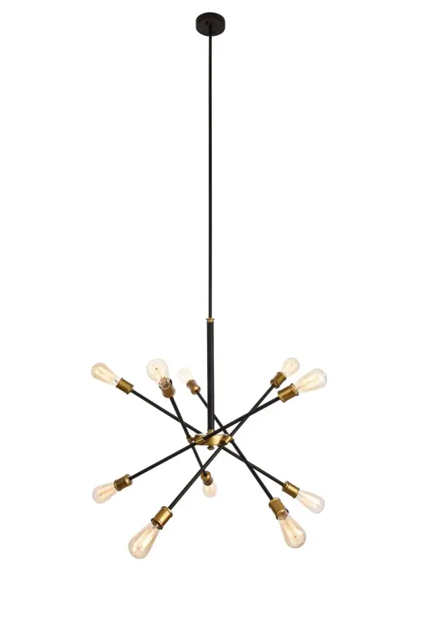 A postmodern design masquerading as a more traditional hanging fixture, the Axel collection is a study in diversity. Curiously placed arms each end with socket that orbits around a central circular frame. The classic Black and brass finish contrasts with the joyful eccentricity of the configuration to create a surprisingly unified whole that hangs playfully in a stairwell, living room, or dining room. Collection: Axel Rooms: office, kitchen, living room Finish: Black and Brass Width: 27.20" Height: 32.50" Length: 27.20" Weight: 9.00 lb Chain: 46`` Wire: 56" brown Rod: L6"+L12"+L12"+L16" Canopy: 4.7"x1" Number of Bulbs: 10 Maximum Wattage: 60.00 W Bulb Base: E26 Medium Dimmable Voltage: 110.00 V Material: Metal Country of Origin: China Safety Listing: ETL Safety Rating: Dry Title 20 Title 24 Manufacturer Warranty: 1 year limited Spec Sheet