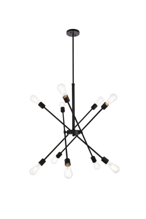 Collection: Axel Rooms: living Room, Office, Bedroom, entry way, bathroom Finish: Black Width: 27.00" Height: 32.50" Length: 27.00" Weight: 9.00 lb Chain: 46`` Wire: 56" Black Rod: L6"+L12"+L12"+L16" Canopy: 4.7"x1" Number of Bulbs: 10 Maximum Wattage: 60.00 W Bulb Base: E26 Dimmable Voltage: 110.00 V Material: metal Country of Origin: China Safety Listing: ETL Safety Rating: Dry Title 20 Title 24 Manufacturer Warranty: 1 year limited Spec Sheet