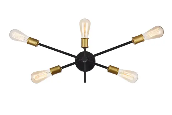 A postmodern design masquerading as a more traditional wall sconce, Axel collection wall lights are a study in diversity. Curiously placed arms each end with socket cross over a central circular backplate. The classic Black and brass finish contrasts with the joyful eccentricity of the configuration to create a surprisingly unified whole that is a playful addition to an entryway, office, or bathroom. Collection: Axel Rooms: Bathroom, hallways, bedroom Finish: Black and Brass Width: 7.10" Height: 9.90" Length: 24.70" Weight: 3.00 lb Extension from Wall: 7.10" Wire: 8" Canopy: 4.7``x1`` Number of Bulbs: 5 Maximum Wattage: 60.00 W Bulb Type: B10 Bulb Base: E26 Dimmable Voltage: 110.00 V Material: steel Country of Origin: China Safety Listing: ETL Safety Rating: Damp Title 20 Title 24 Manufacturer Warranty: 1 year limited Spec Sheet