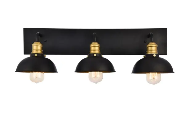 Create an industrial vintage look in your warehouse-inspired space with the striking Anders collection. The wall sconce features one to three Black bell-shaped shades with a Black and brass finish. A Metal arm connects one to three lights (Not included) to a sleek, Black Metal panel, providing a stunning contrast to the concentric brass detailing. This fixture will enhance the modern décor of your kitchen, bedroom, bathroom, study, or hallway. Collection: Anders Rooms: Bathroom, hallways, bedroom Finish: Black and Brass Glass: Black Width: 8.00" Height: 8.30" Length: 27.00" Weight: 6.00 lb Extension from Wall: 8.00" Wire: 8" Canopy: 26.4``x4.9``x0.8`` Number of Bulbs: 3 Maximum Wattage: 60.00 W Bulb Type: ST18 Bulb Base: E26 Dimmable Voltage: 110.00 V Material: steel Country of Origin: China Safety Listing: ETL Safety Rating: Damp Title 20 Title 24 Manufacturer Warranty: 1 year limited Spec Sheet