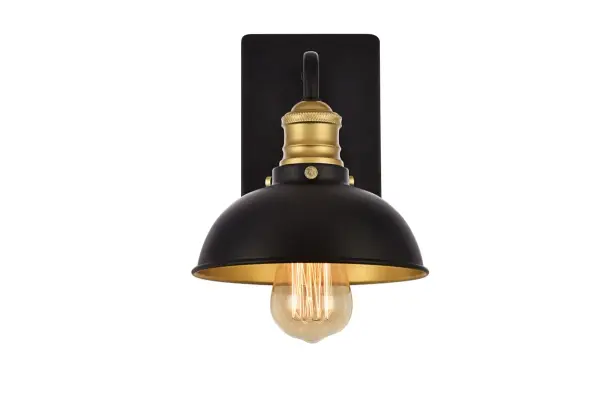 Create an industrial vintage look in your warehouse-inspired space with the striking Anders collection. The wall sconce features one to three Black bell-shaped shades with a Black and brass finish. A Metal arm connects one to three lights (Not included) to a sleek, Black Metal panel, providing a stunning contrast to the concentric brass detailing. This fixture will enhance the modern décor of your kitchen, bedroom, bathroom, study, or hallway. Collection: Anders Rooms: Bathroom, hallways, bedroom Finish: Black and Brass Glass: Black Width: 8.00" Height: 8.30" Length: 7.10" Weight: 1.50 lb Extension from Wall: 8.00" Wire: 8" Canopy: 6.5``x4.5``x0.8`` Number of Bulbs: 1 Maximum Wattage: 60.00 W Bulb Type: B10 Bulb Base: E26 Dimmable Voltage: 110.00 V Material: steel Country of Origin: China Safety Listing: ETL Safety Rating: Damp Title 20 Title 24 Manufacturer Warranty: 1 year limited Spec Sheet