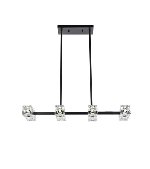 Dimensions
Chain/Rod Length: 46"
Length: 30"
Width: 8"
Height: 2.5"
Maximum Height: 50"
Wire Length: 75"
Specifications
Assembly Required: yes
Bulb Included: No
Crystal/Glass Color: Clear
Dimmable: No
Distressed Finish: No
Dry/Wet/Damp: Dry
ETL: Yes
Finish (Color): Black
Fixture Material: Iron and Glass
Hanging Device: Rod
Hardware Finish: Black
Harware Material: Iron
Max/Nominal Watt: 160W
Number of Lights: 8
Product Shape: Rectangle
Product Type: Pendants
Product Warranty: 1 year limited
Socket Type: G9
UL & ULC Standard: No
Voltage: 110V - 125V
Wattage/Bulb: 20W
Weight: 16
Wire Included: Yes
Shipment type: Small Parcel
US Shipping Cost: $16.00
