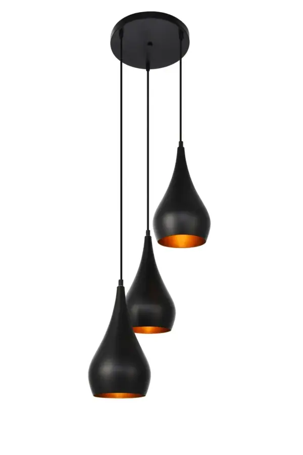 Set the right mood in a kitchen, office, or bedroom with Nora collection hanging lights. Sleek teardrop shaped or larger chalice-shaped aluminum shades come in a sexy matte-black finish, larger lamps feature a wood detail. Contrasting vintage brass finish on the inside of the shade gives these pendant lamps just the right amount of attitude. Collection: Nora Rooms: Entryway, Dining Room, Bedroom, Hallway, Office, Foyer Finish: Black Glass: Black Width: 14.50" Height: 11.50" Length: 14.50" Weight: 3.00 lb Chain: 60`` Wire: 59.1" black Canopy: 9.8"x1" Number of Bulbs: 3 Maximum Wattage: 40.00 W Bulb Type: E26 Bulb Base: E26 Medium Dimmable Voltage: 110.00 V Material: Aluminum Country of Origin: China Safety Listing: ETL Safety Rating: Dry Title 20 Title 24 Manufacturer Warranty: 1 year limited Spec Sheet