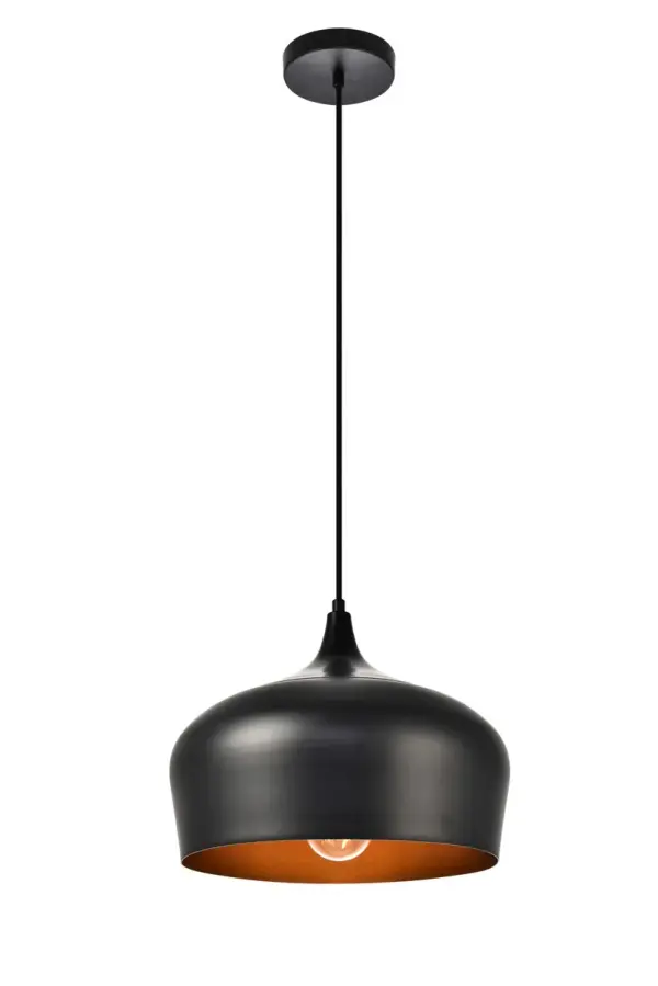 Set the right mood in a kitchen, office, or bedroom with Nora collection hanging lights. Sleek teardrop shaped or larger chalice-shaped aluminum shades come in a sexy matte-black finish, larger lamps feature a wood detail. Contrasting vintage brass finish on the inside of the shade gives these pendant lamps just the right amount of attitude. Collection: Nora Rooms: Entryway, Dining Room, Bedroom, Hallway, Office, Foyer Finish: Black Glass: Black Width: 11.50" Height: 9.00" Length: 11.50" Weight: 2.00 lb Chain: 60`` Wire: 59.1" black Canopy: 4.7"x1" Number of Bulbs: 1 Maximum Wattage: 40.00 W Bulb Type: E26 Bulb Base: E26 Medium Dimmable Voltage: 110.00 V Material: Aluminum Country of Origin: China Safety Listing: ETL Safety Rating: Dry Title 20 Title 24 Manufacturer Warranty: 1 year limited Spec Sheet