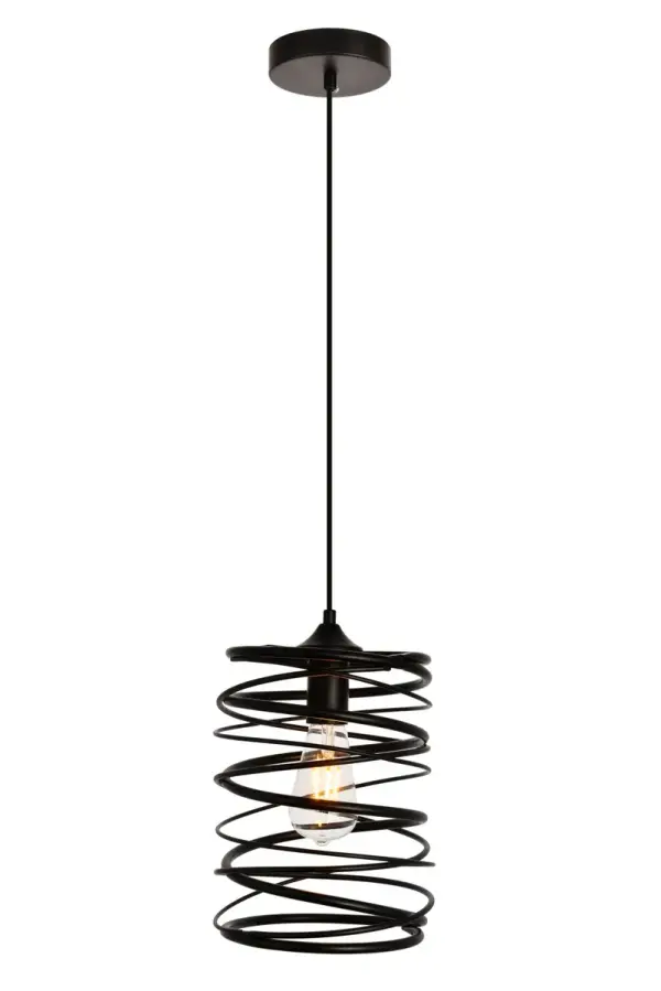 Create a powerful yet playful statement with the industrial style of the Hopper collection. This pendant lamp features spiraling black Iron rods of varying thickness. As they wind down and around each other, these rods create a spring-inspired shade over a Single exposed incandescent or LED bulb (not included). A strong design with versatile beauty that is ideal in an entryway, hallway, kitchen, bar, or office. Collection: Hopper Rooms: Kitchen, bars, entryway, office Finish: Black Glass: Black Width: 7.90" Height: 11.80" Length: 7.90" Weight: 2.00 lb Chain: 60`` Wire: 60" Black Canopy: 4.7"x1" Number of Bulbs: 1 Maximum Wattage: 40.00 W Bulb Type: E26 Bulb Base: E26 Medium Dimmable Voltage: 110.00 V Material: Iron Country of Origin: China Safety Listing: ETL Safety Rating: Dry Title 20 Title 24 Manufacturer Warranty: 1 year limited Spec Sheet