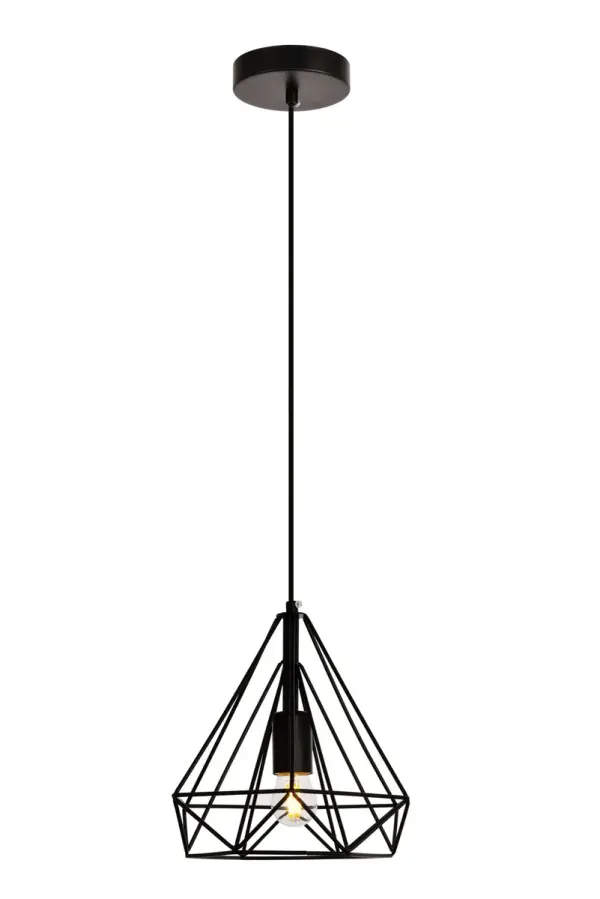 Sublime symmetry that's perfectly on trend! Jago collection hanging fixtures are a modern breath of fresh air in a bedroom, living room, kitchen, dorm, or studio. Slender rods form a complex, faceted pyramid-shaped shade, in a black or copper finish, hanging from a slim cord and circular mounting fixture. An exposed incandescent or LED bulb (not included) shines at the center of the open frame to complete this stylishly minimal look. Available in Single- or three-shade varieties. Collection: Jago Rooms: Kitchen, bars, entryway, office Finish: Black Glass: Black Width: 9.80" Height: 9.80" Length: 9.80" Weight: 2.00 lb Chain: 60`` Wire: 60" Black Canopy: 4.7"x1" Number of Bulbs: 1 Maximum Wattage: 40.00 W Bulb Type: E26 Bulb Base: E26 Medium Dimmable Voltage: 110.00 V Material: Iron Country of Origin: China Safety Listing: ETL Safety Rating: Dry Title 20 Title 24 Manufacturer Warranty: 1 year limited Spec Sheet