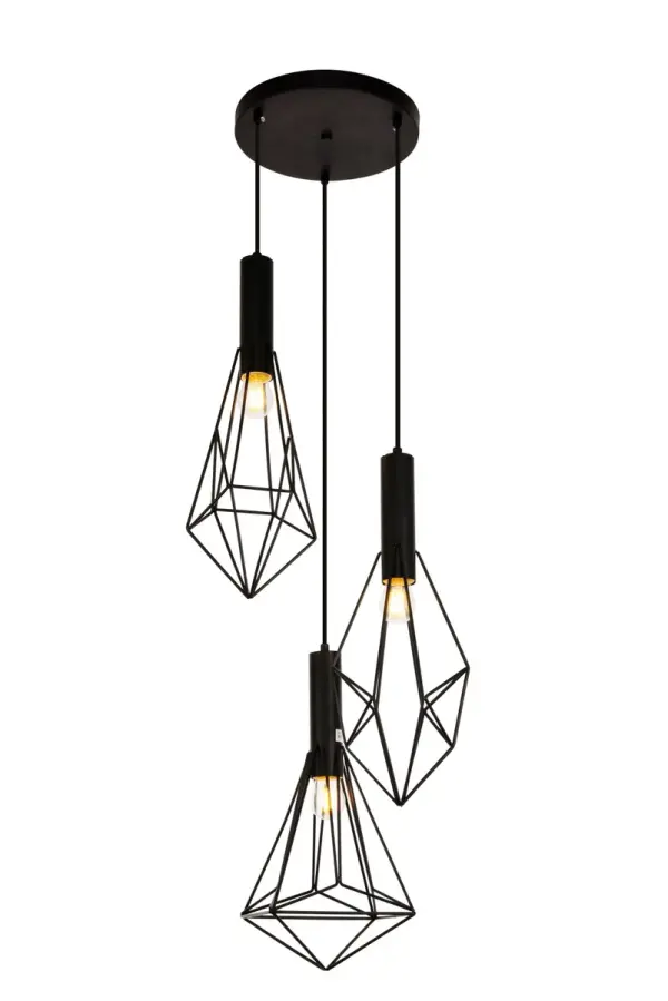 Sublime symmetry that's perfectly on trend! Jago collection hanging fixtures are a modern breath of fresh air in a bedroom, living room, kitchen, dorm, or studio. Slender rods form three complex, faceted gem-shaped shades, in a black finish, hanging from slim cords and a circular mounting fixture. Exposed incandescent or LED bulbs (not included) shine at the center of the open frame to complete this stylishly minimal look. Collection: Jago Rooms: Kitchen, bars, entryway, office Finish: Black Glass: Black Width: 16.00" Height: 30.40" Length: 16.00" Weight: 5.00 lb Chain: 60`` Wire: 60" Black Canopy: 9.8"x1" Number of Bulbs: 3 Maximum Wattage: 40.00 W Bulb Type: E26 Bulb Base: E26 Medium Dimmable Voltage: 110.00 V Material: Iron and Aluminum Country of Origin: China Safety Listing: ETL Safety Rating: Dry Title 20 Title 24 Manufacturer Warranty: 1 year limited Spec Sheet