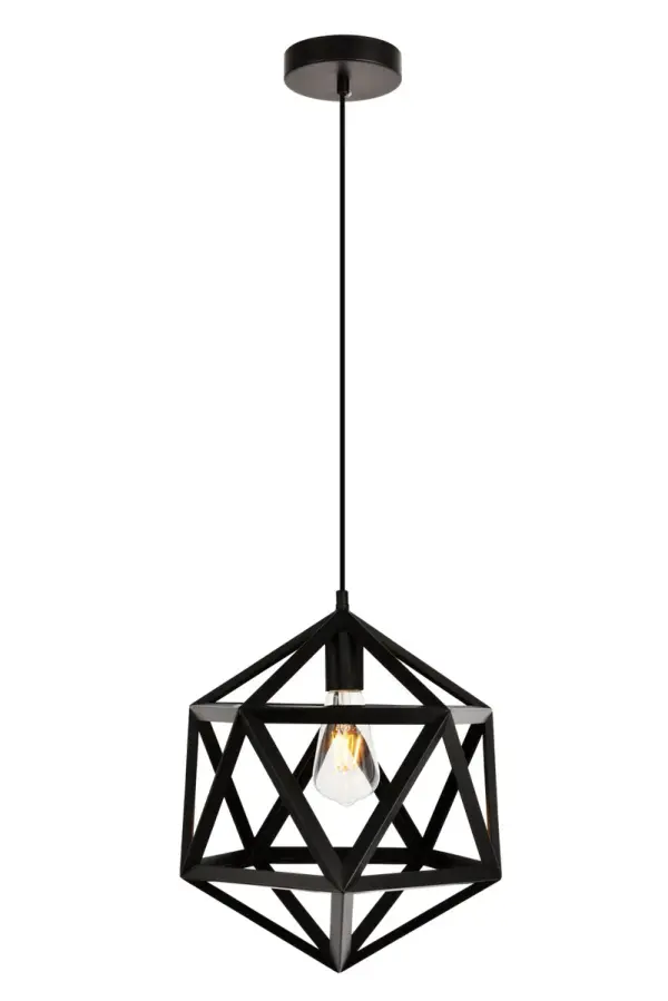 Bold with painstaking attention to detail, Redmond collection hanging fixtures add a sense of complexity in a den, kitchen, office, or gaming room. Commanding angled Iron bands in a black finish form a perfect 20-sided polygon frame that is at once simplistic and daring. This geometric design is suspended from an Iron chain and rounded mounting fixture. Two size options are available. Placed near a wall, the incandescent or LED bulb within (not included) will cast fascinating shadows for you to enjoy. Collection: Redmond Rooms: Kitchen, bars, entryway, office Finish: Black Glass: Black Width: 13.00" Height: 14.60" Length: 13.00" Weight: 3.00 lb Chain: 60`` Wire: 60" Black Canopy: 4.7"x1" Number of Bulbs: 1 Maximum Wattage: 40.00 W Bulb Type: E26 Bulb Base: E26 Medium Dimmable Voltage: 110.00 V Material: Iron Country of Origin: China Safety Listing: ETL Safety Rating: Dry Title 20 Title 24 Manufacturer Warranty: 1 year limited Spec Sheet
