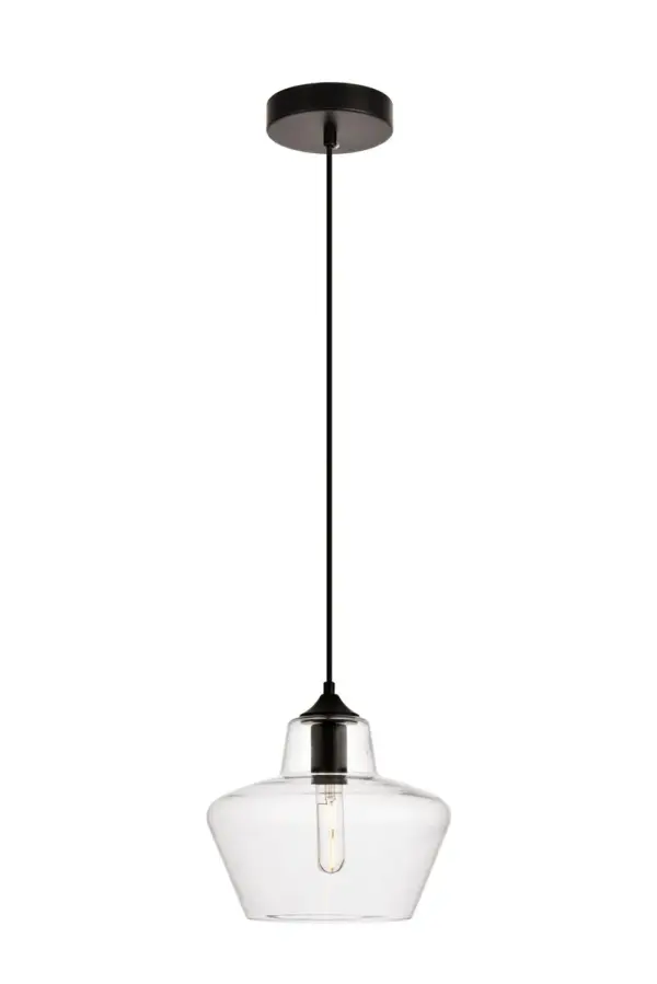 The Placido collection lives up to its name by bringing some peace to your day. The clear glass shades, reminiscent of a clear, placid lake, are contrasted with black hardware. Select from the ball, lozenge, cylinder, and crown shade shapes to add a glowing accent to your kitchen, bar, entryway, office space, or bedroom. The transitional-style pendants are illuminated with one incandescent or LED lamp (not included), and the height is adjustable. These soothing lights may encourage relaxation, creative daydreaming, or even a tranquil siesta. Collection: Placido Rooms: Kitchen, bars, entryway, office Finish: Black and Clear Glass: Clear Width: 9.80" Height: 9.30" Length: 9.80" Weight: 3.00 lb Chain: 60`` Wire: 60" Black Canopy: 4.7"x1" Number of Bulbs: 1 Maximum Wattage: 40.00 W Bulb Type: E26 Bulb Base: E26 Medium Dimmable Voltage: 110.00 V Material: Iron and Glass Country of Origin: China Safety Listing: ETL Safety Rating: Dry Title 20 Title 24 Manufacturer Warranty: 1 year limited Spec Sheet