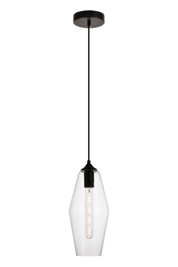 The Placido collection lives up to its name by bringing some peace to your day. The clear glass shades, reminiscent of a clear, placid lake, are contrasted with black hardware. Select from the ball, lozenge, cylinder, and crown shade shapes to add a glowing accent to your kitchen, bar, entryway, office space, or bedroom. The transitional-style pendants are illuminated with one incandescent or LED lamp (not included), and the height is adjustable. These soothing lights may encourage relaxation, creative daydreaming, or even a tranquil siesta. Collection: Placido Rooms: Kitchen, bars, entryway, office Finish: Black and Clear Glass: Clear Width: 5.90" Height: 14.20" Length: 5.90" Weight: 2.00 lb Chain: 60`` Wire: 60" Black Canopy: 4.7"x1" Number of Bulbs: 1 Maximum Wattage: 40.00 W Bulb Type: E26 Bulb Base: E26 Medium Dimmable Voltage: 110.00 V Material: Iron and Glass Country of Origin: China Safety Listing: ETL Safety Rating: Dry Title 20 Title 24 Manufacturer Warranty: 1 year limited Spec Sheet