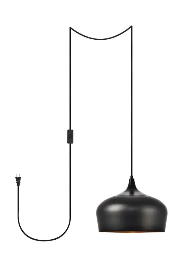 Set the right mood in a kitchen, office, or bedroom with Nora collection hanging lights. Sleek chalice shaped aluminum shades come in a sexy matte-black finish. Contrasting vintage brass finish on the inside of the shade gives these pendant lamps just the right amount of attitude. Plug-in design for easy access lighting with built-in on/off switch. Simply hang this piece on the provided swag hooks and plug it in for an effortlessly easy installation - can be hung from a sloped or vaulted ceiling. Collection: Nora Rooms: Entryway, Dining Room, Bedroom, Hallway, Office, Foyer Finish: Black Glass: Black Width: 11.50" Height: 9.00" Length: 11.50" Weight: 2.00 lb Chain: 181`` Wire: 181" Black Number of Bulbs: 1 Maximum Wattage: 40.00 W Bulb Type: E26 Bulb Base: E26 Voltage: 110.00 V Material: Aluminium Country of Origin: China Safety Listing: ETL Safety Rating: Damp Switch: in-line on/off switch Title 20 Title 24 Manufacturer Warranty: 1 year limited Spec Sheet