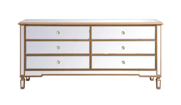 Bring plenty of storage space and modern style to your bedroom with this dresser. This was made to withstand everyday use. Deep drawers to hold up to 28 pounds and opens quietly. This versatile dresser blends in easily with any décor and easy to maintain. Ships fully assembled with minor installation of the legs. With anti-tip straps included for added security, this modern addition will complete your room. Collection: Contempo Rooms: bedroom Finish: Antique Gold Width: 20.00" Height: 34.00" Length: 72.00" Weight: 133.00 lb Material: MDF,MIRROR,Solid wood Country of Origin: China Manufacturer Warranty: 1 year limited Spec Sheet