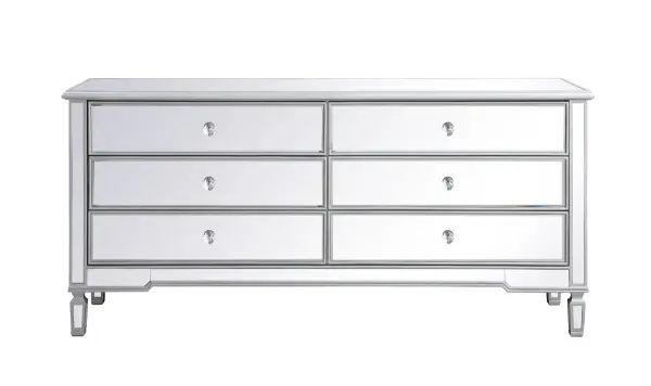 Bring plenty of storage space and modern style to your bedroom with this dresser. This was made to withstand everyday use. Deep drawers to hold up to 28 pounds and opens quietly. This versatile dresser blends in easily with any décor and easy to maintain. Ships fully assembled with minor installation of the legs. With anti-tip straps included for added security, this modern addition will complete your room. Collection: Contempo Rooms: bedroom Finish: antique silver Width: 20.00" Height: 34.00" Length: 72.00" Weight: 133.00 lb Material: MDF,MIRROR,Solid wood Country of Origin: China Manufacturer Warranty: 1 year limited Spec Sheet