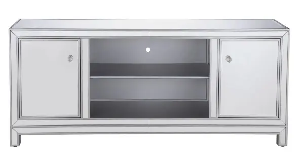 Sleek and vibrant, this contemporary media cabinet will make a striking statement in any room. The cabinet top can showcase up to a 60" flat screen TV at a perfect height, featuring top-quality mirror panel in hand-rubbed silver finish, square crystal knobs. Functional and chic, it features 2 soft-closing side doors, center opening and shelvings that provides plenty of storage for your equipment, games, and books. Collection: Modern Rooms: living room Finish: Antique Silver Width: 18.00" Height: 26.00" Length: 60.00" Weight: 116.00 lb Country of Origin: China Manufacturer Warranty: 1 year limited Spec Sheet
