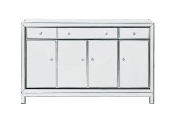 In bold symmetry, measuring W56xD13xH36", this contemporary piece can decorate any narrow hallway or dinning room and still yield plenty of storage space. With the gleaming beveled mirror surfaces, it opens up the visual space in the room while imbuing it with glamour. The crystal door knobs exude sheer elegance. FEATURES: Reflexion collection 3 drawers and 4 doors crystal knobs Hand paintedSilver finish Beveled mirror panel Solid wood trim and legs Wood drawer glides Inside lining painted in silver. PRODUCT DETAILS: Measurement W56xD13xH36" No assembly required Material in solid wood and engineered wood 1 year limited warranty. Collection: REFLEXION Finish: Antique Silver Width: 13.00" Height: 36.00" Length: 56.00" Weight: 145.00 lb Material: Solid wood and MDF Country of Origin: China Manufacturer Warranty: 1 year limited Spec Sheet