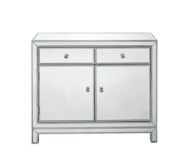 Measuring W38xD12xH32" with 2 drawer and 2 doors, this is a practical size and works as well in your living room as it does your bedside, greet your guest in the foyer or on the hall way. Fashionable and contemporary, this mirror cabinet is detailed with distinctive mitered corners, crystal knobs, hand paintedSilver trim and frame, and is simply a charming accent piece. FEATURES: Reflexion collection 2 drawers and 2 doors with a shelf inside crystal knobs Hand paintedSilver trim and frame Beveled mirror panel Solid wood trim and legs Wood drawer glides Inside lining painted in silver. PRODUCT DETAILS: Measurement W38xD12xH32" No assembly required Material in solid wood and engineered wood 1 year limited warranty. Collection: REFLEXION Rooms: living room, bedroom, office Finish: Antique Silver Width: 12.00" Height: 32.00" Length: 38.00" Weight: 77.00 lb Material: Solid wood and MDF Country of Origin: China Manufacturer Warranty: 1 year limited Spec Sheet