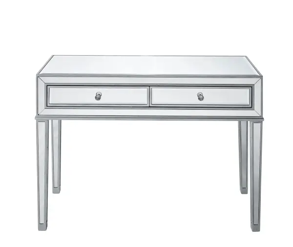 Whether used as a dressing table, a small writing desk, or as a console table, this contemporary two drawer table is stylish, functional, and versatile! It features a fine quality beveled mirror, crystal drawer knobs, a hand paintedSilver finish, and tapered legs. Providing both utility and sophistication, the sleek lines and polished mirror surfaces of this piece add distinction and beauty to wherever it used. FEATURES: Reflexion collection Hand paintedSilver finish Beveled mirror panel crystal drawer knobs Solid wood trim and legs Wood drawer glides PRODUCT DETAILS: Measurement W42xD18xH30" Minor assembly required Material in kiln-dried solid wood and engineered wood 1 year limited warranty. Collection: REFLEXION Rooms: living room, bedroom, office Finish: Antique Silver Width: 18.00" Height: 30.00" Length: 42.00" Weight: 59.00 lb Material: Solid wood and MDF Country of Origin: China Title 20 Manufacturer Warranty: 1 year limited Spec Sheet