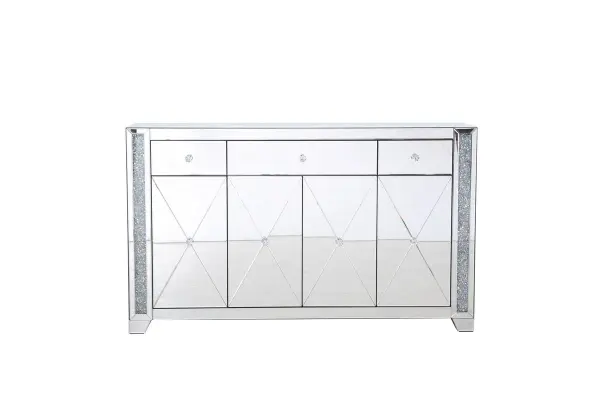 With 4 doors in bold criss-cross symmetry, measuring W60"xD14"xH36", this modern credenza can decorate any dining room or narrow hallway and still yield plenty of storage space. With the gleaming beveled mirror surfaces and crushed diamond-likeSilver crystal inlay border, it opens up the visual space in the room while imbuing it with glamour. The jewel-like crystal door knobs exude sheer luxury. Fully assembled. Collection: Modern Rooms: living room Finish: Clear Width: 14.00" Height: 35.50" Length: 60.00" Weight: 165.00 lb Material: MDF, mirror, metal, crystals Country of Origin: China Manufacturer Warranty: 1 year limited Spec Sheet