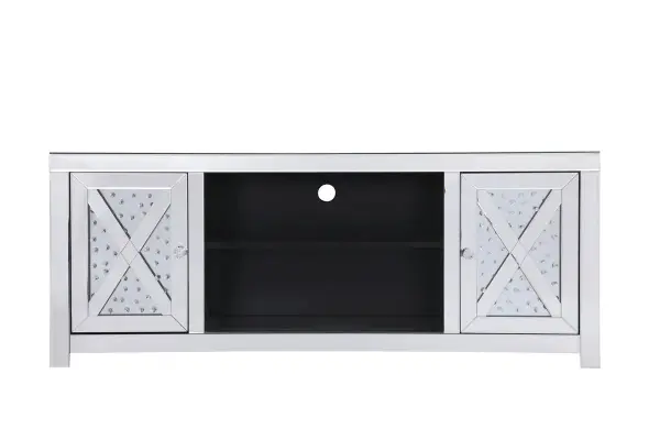This mirror paneled tv stand is the perfect complement to your entertainment spaces. You can enjoy watching endless movies, host premier nights, or play video games until the stars are sparkling just as bright as the clear crystals that embellish the panels within the X-shaped details of the cabinet doors, which opens to reveal a storage area that is the perfect place to put away board games and various trinkets. Video game consoles and players can find a cozy spot in the middle storage area, or you can place books to read for when the tv is off. The perfect home for your tv, movies, and board games, this stand combines sparkling beauty with function. Collection: Modern Rooms: living room Finish: Clear Width: 16.00" Height: 23.50" Length: 59.00" Weight: 121.00 lb Material: MDF, mirror, metal, crystals Country of Origin: China Manufacturer Warranty: 1 year limited Spec Sheet