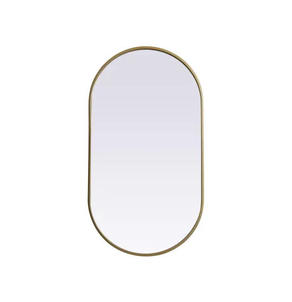 Instantly open up any space in your home with this minimalist wall-mounted mirror. Crafted of metal, this mirror strikes a pill-shaped silhouette. Its slender, clean-lined frame sports a classic finish, while the glass mirror within features a flat, for a brilliant reflection, letting the light bounce off to expand your space. Designed in a pill shape, this metal-frame mirror showcases in the three available satin finishes in black, brass, or silver. Mount this work of art in any room of your choice for added visual impact. Collection: Asha Finish: Brass Width: 20.00" Height: 36.00" Length: 36.00" Weight: 13.00 lb Material: iron and MDF Country of Origin: China Manufacturer Warranty: 1 year limited