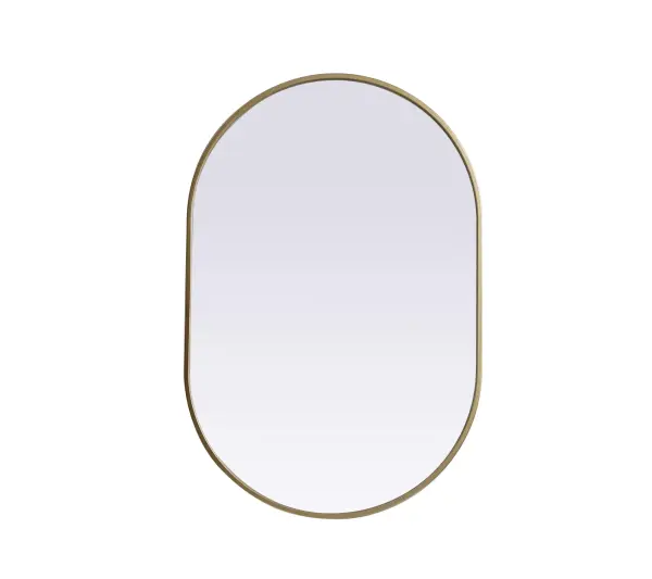 Instantly open up any space in your home with this minimalist wall-mounted mirror. Crafted of metal, this mirror strikes a pill-shaped silhouette. Its slender, clean-lined frame sports a classic finish, while the glass mirror within features a flat, for a brilliant reflection, letting the light bounce off to expand your space. Designed in a pill shape, this metal-frame mirror showcases in the three available satin finishes in black, brass, or silver. Mount this work of art in any room of your choice for added visual impact. Collection: Asha Finish: Brass Width: 24.00" Height: 36.00" Length: 36.00" Weight: 14.00 lb Material: iron and MDF Country of Origin: China Manufacturer Warranty: 1 year limited