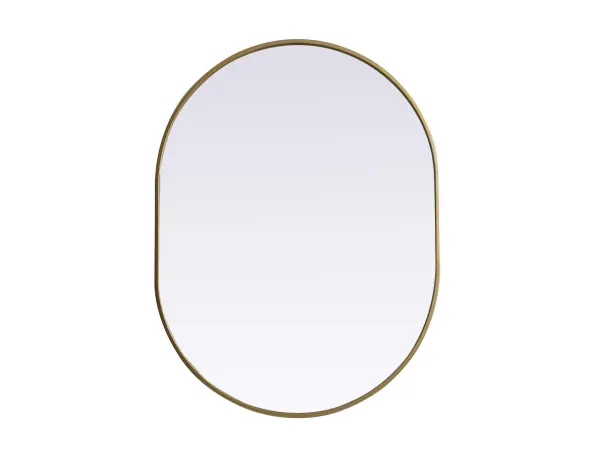 Instantly open up any space in your home with this minimalist wall-mounted mirror. Crafted of metal, this mirror strikes a pill-shaped silhouette. Its slender, clean-lined frame sports a classic finish, while the glass mirror within features a flat, for a brilliant reflection, letting the light bounce off to expand your space. Designed in a pill shape, this metal-frame mirror showcases in the three available satin finishes in black, brass, or silver. Mount this work of art in any room of your choice for added visual impact. Collection: Asha Finish: Brass Width: 30.00" Height: 40.00" Length: 40.00" Weight: 19.00 lb Material: iron and MDF Country of Origin: China Manufacturer Warranty: 1 year limited