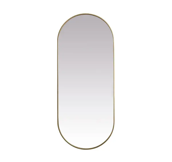 Instantly open up any space in your home with this minimalist wall-mounted mirror. Crafted of metal, this mirror strikes a pill-shaped silhouette. Its slender, clean-lined frame sports a classic finish, while the glass mirror within features a flat, for a brilliant reflection, letting the light bounce off to expand your space. Designed in a pill shape, this metal-frame mirror showcases in the three available satin finishes in black, brass, or silver. Mount this work of art in any room of your choice for added visual impact. Collection: Asha Rooms: living room, entryway, bathroom, office Finish: Brass Width: 1.00" Height: 72.00" Length: 30.00" Weight: 38.00 lb Material: iron and MDF Country of Origin: China Manufacturer Warranty: 1 year limited