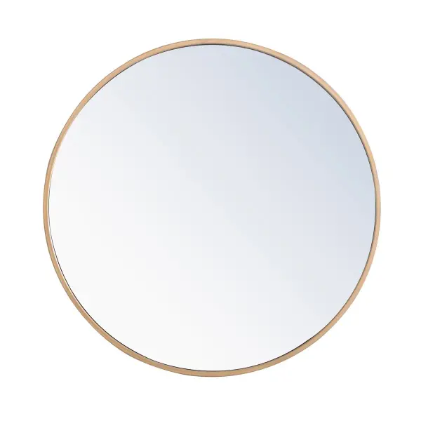 Enhance the appeal of your home or office with this contemporary mirror in brass finish, featuring a thin rounded metal edges in a deep profile, reflecting a minimalist's design and trendy styling. To ensure your home safety, we use a metal hanger bar that are securely welded to the back of the metal frame. We recommend using suitable heavy duty picture/mirror hooks, selecting the best type of fixing for the particular wall you wish to hang the mirror on, using the appropriate rawl plug if required. Measurement: D24. Collection: Eternity Rooms: living Room, Office, Bedroom, entry way, bathroom Finish: Brass Width: 1.00" Height: 24.00" Length: 24.00" Weight: 11.00 lb Extension from Wall: 0.16" Material: iron,glass, wood Country of Origin: China Manufacturer Warranty: 1 year limited Spec Sheet