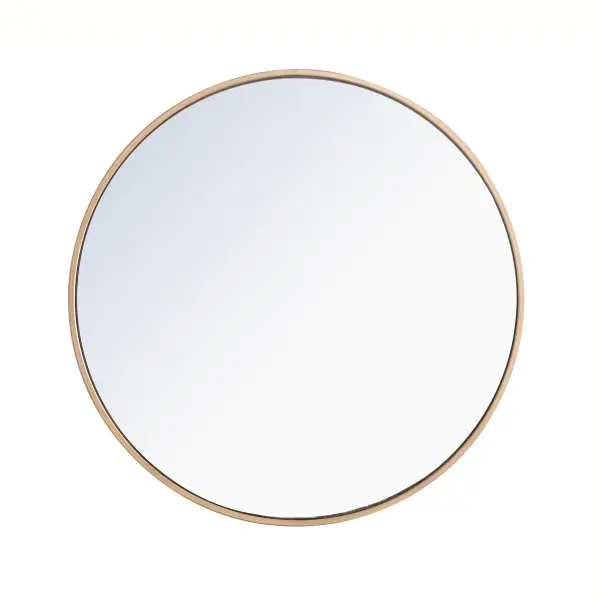 Enhance the appeal of your home or office with this contemporary mirror in brass finish featuring a thin rounded metal edges in a deep profile, reflecting a minimalist's design and trendy styling. To ensure your home safety, we use a metal hanger bar that are securely welded to the back of the metal frame. We recommend using suitable heavy duty picture/mirror hooks, selecting the best type of fixing for the particular wall you wish to hang the mirror on, using the appropriate rawl plug if required. Measurement: D28. Collection: Eternity Rooms: living Room, Office, Bedroom, entry way, bathroom Finish: Brass Width: 1.00" Height: 28.00" Length: 28.00" Weight: 15.00 lb Extension from Wall: 0.16" Material: iron,glass, wood Country of Origin: China Manufacturer Warranty: 1 year limited Spec Sheet
