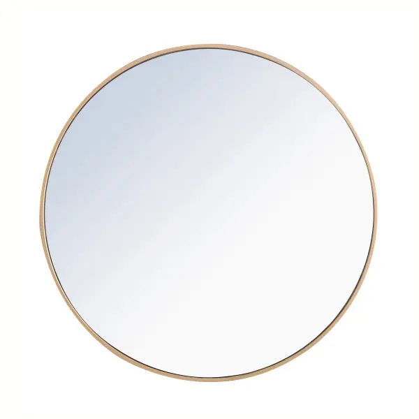 Enhance the appeal of your home or office with this contemporary mirror in brass finish featuring a thin rounded metal edges in a deep profile, reflecting a minimalist's design and trendy styling. To ensure your home safety, we use a metal hanger bar that are securely welded to the back of the metal frame. We recommend using suitable heavy duty picture/mirror hooks, selecting the best type of fixing for the particular wall you wish to hang the mirror on, using the appropriate rawl plug if required. Measurement: D32. Collection: Eternity Rooms: living Room, Office, Bedroom, entry way, bathroom Finish: Brass Width: 1.00" Height: 32.00" Length: 32.00" Weight: 18.00 lb Extension from Wall: 0.16" Material: iron,glass, wood Country of Origin: China Manufacturer Warranty: 1 year limited Spec Sheet